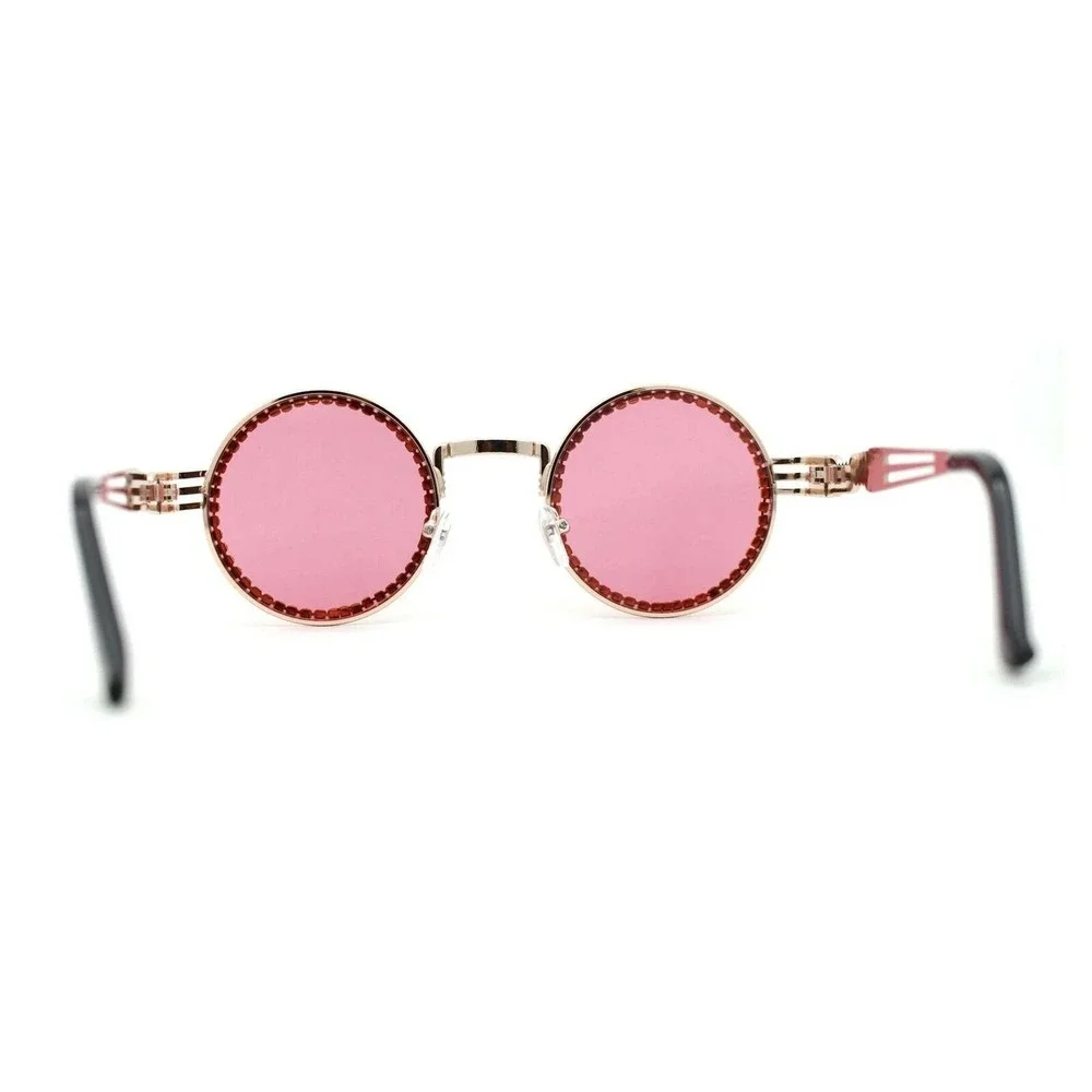 Rhinestone Sunglasses Round Pink Lens Gold Frame Fashion Statement Classic Retro